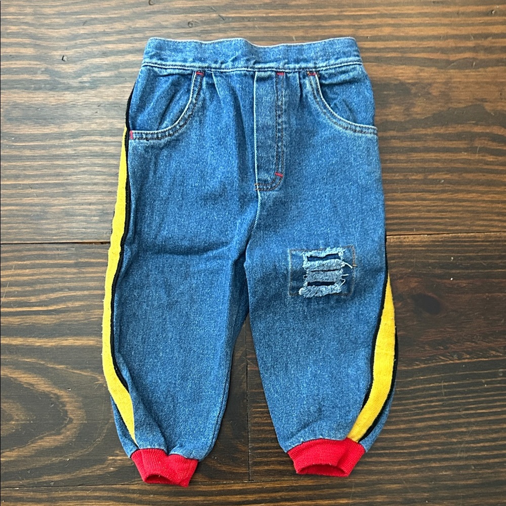 Bambinaggino Kids Denim Joggers with Yellow and Red Accents